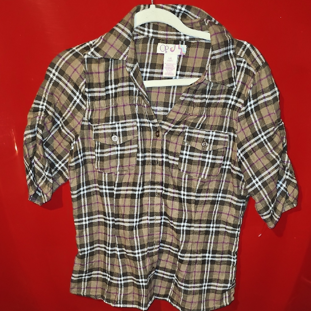VINTAGE OP Ocean Pacific Plaid  Shirt 3/4 Sleeve Large 11/13 Women Junior Y2k